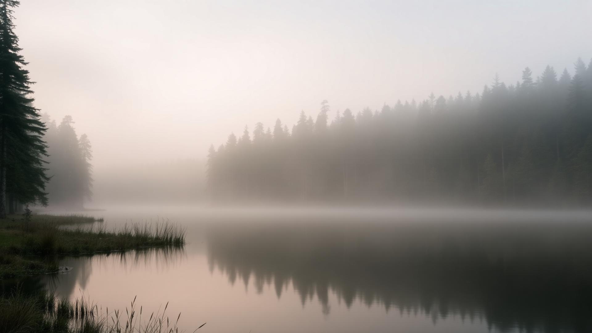 Stillsam morgondimma över en sjö